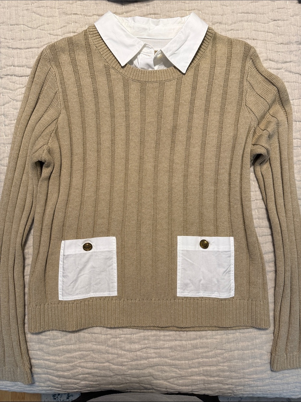 LOFT Beige Ribbed Crewneck Sweater with White Pocket Details